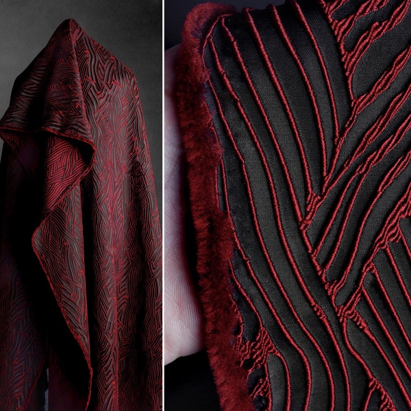 Tejido jacquard negro rojo, tejido de poliéster puro, tejido de patrón de línea abstracta, tejido de prendas de vestir de alta calidad, tejido de diseñador, cortado a medida, D623-1