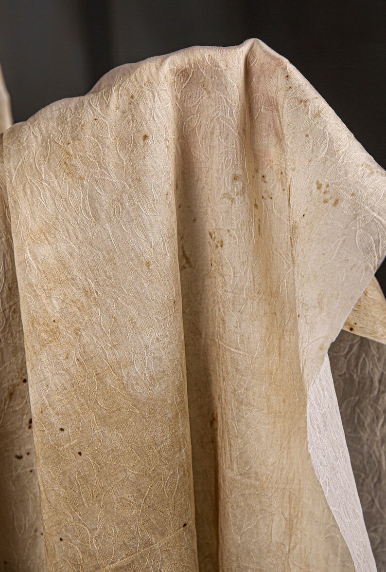 May include: A close-up of a piece of fabric with a delicate, embossed pattern. The fabric is a light beige color and has a slightly textured surface. The fabric is folded in a way that creates a sense of depth and dimension.