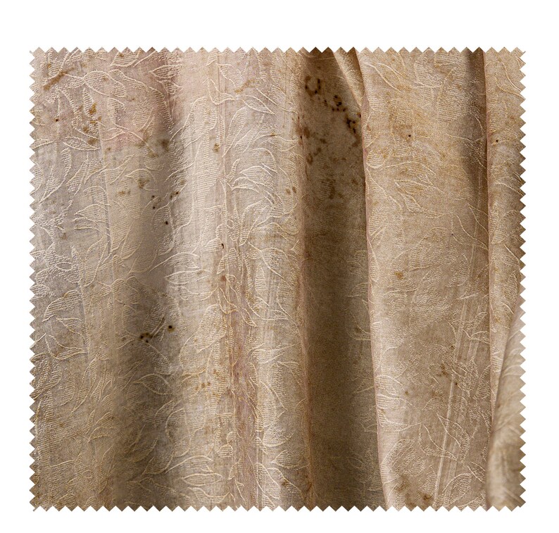 May include: A close-up of a beige fabric with a subtle floral pattern. The fabric has brown stains and appears to be old and worn.