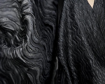 Black Jacquard Fabric, Water-Wave Textured Fabric, Embossed Line Texture Fabric, Evening Dress Fabric, By the meter, D160