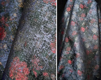 Edler Jacquardstoff, Stoff mit rotem Blumenmuster, Stoff mit Goldfadenglitzer, weicher Kleiderstoff, Designerstoff, Bekleidungsstoff, Meterware, D99
