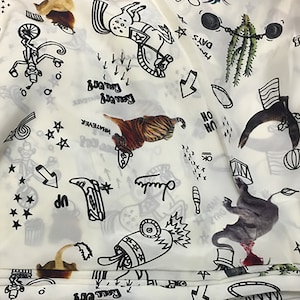 White circus pure mulberry silk fabric, Zoo Silk Crepe de Chine fabric, Tiger elephant monkey horse dolphin cactus design fabrics, B133