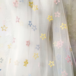 Color star embroidered fabric, White lace fabric, pink blue yellow gauze fabric, Doll dress fabric, Perspective fabric, by the meter, C80
