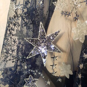 Navy lace fabric, Star sequins fabric, Pentagram mesh fabric, Glitter curtain fabric, Shiny fabric, Bridal Dress fabric, by the yard, C08-2