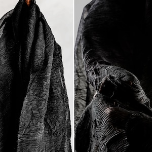 Black toothpick pleated fabric- Light-transmitting stretch fabric- Thin crinkled fabric- Designer fabric- by the meter- D588