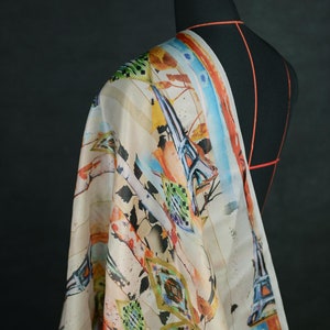 Tower,Pure mulberry silk fabric,Organza silk,hand-painted creative abstract printing,french wedding dress,DIY decor,by the yard/meter,A80