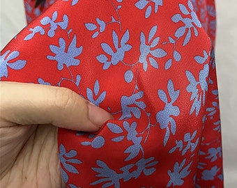 Red pure mulberry silk fabric, Blue flowers pattern fabric, Silk Crepe de Chine fabric, Scarves real silk fabrics, by the yard/meter, B55