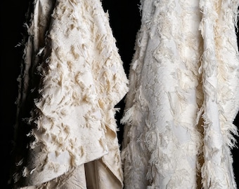 Beige Frayed Fringe Jacquard Fabric by the Yard – Textured Woven Fabric for Dresses, Skirts & Crafts,D10