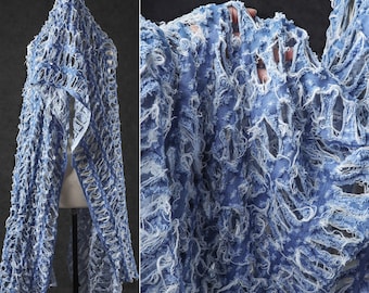 Blue Denim Fabric, Ripped Denim fabric, Tattered Denim Fabric, Distressed Fabric, Hollow Denim Fabric, Designer Fabric, D515-2