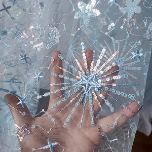 Moon mesh fabric, Light blue lace fabric, Star sequins fabric, Glitter curtain fabric, Shiny bridal Dress fabric, Reflective Fabric, C09-2