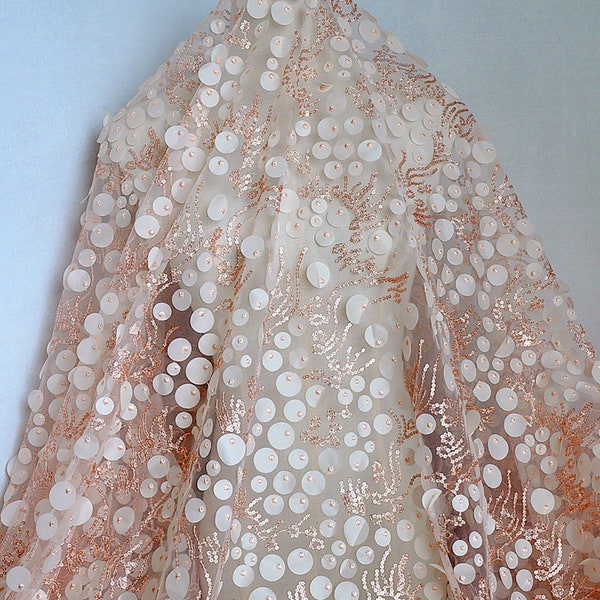 Flesh pink lace fabric, 3d Chiffon patch lace fabric, Sequins fabric, Encryption mesh face, Dress Doll Skirt Accessories, By the meter, C133