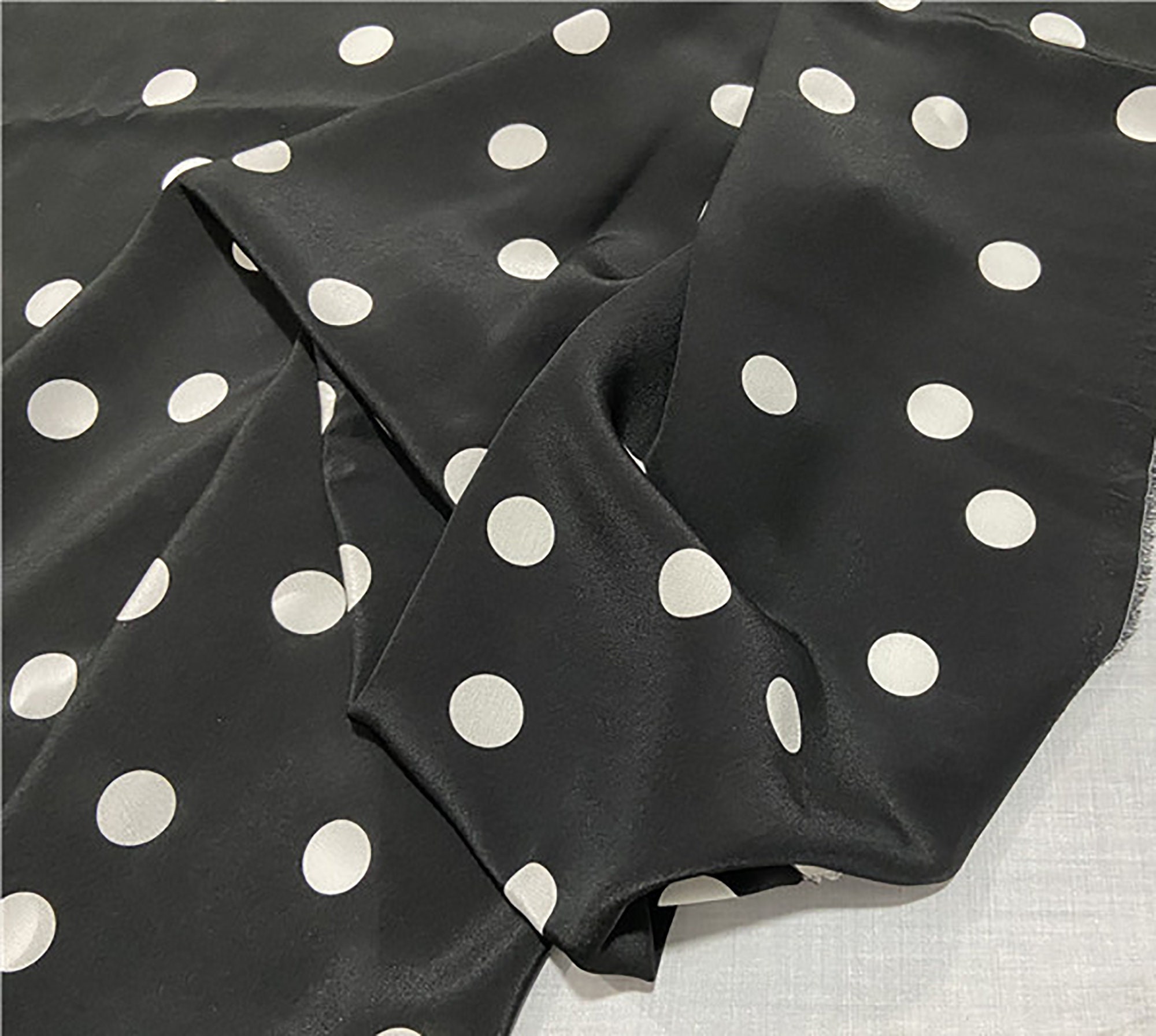 White large polka dot fabric, Black pure mulberry silk fabric, Wave point fabric, Silk Crepe de Chine fabric, Minimalist fabric, by yard,B79