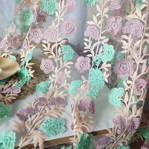 Embroidered lace fabric, Mesh fabric, Green pink floral fabric, Colorful flower fabric, Perspective fabric, Curtain fabric, by the yard, C12