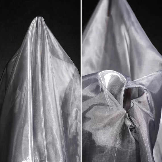 Silver Metallic Sheer Mesh Fabric, Dense-thread Fabric, Semi-sheer Fabric, Rigid Structured Fabric, Creative fabric, By the meter, D584