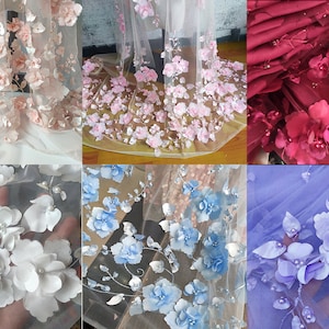 Embroidered flower lace fabric, 3D Meat pink tulle fabric, Beaded fabric, Perspective fabric, Bridal dress fabric, by the meter/yard, C01