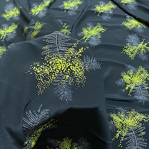 Black pure mulberry silk fabric, Silk Crepe de Chine fabric, yellow flower pattern,full dress,shirt,scarves,Width 55'',by the yard/meter,B22