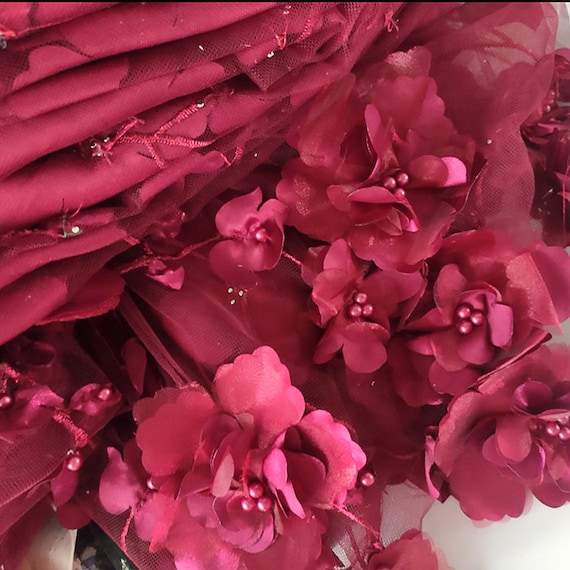 Buy Embroidered Flower Lace Fabric, 3D Wine Red Tulle Fabric