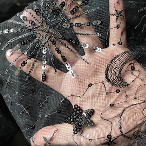 Moon mesh fabric, Black lace fabric, Star sequins fabric, Glitter curtain fabric, Shiny bridal Dress fabric, Reflective Fabric, C09-4