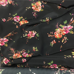 Silk Crepe de Chine fabric, Peony  print pure mulberry silk fabric, Black cheongsam dress fabric, shirt fabric, scarf fabric, by yard, B111