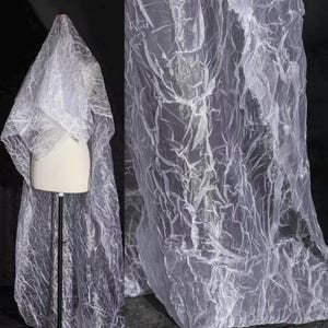 White Pleated Fabric, Semi-Transparent Fabric, Waterwave Pattern, Asymmetrical Sheer Mesh Fabric, Textured Pleated Fabric, By Meter, D552