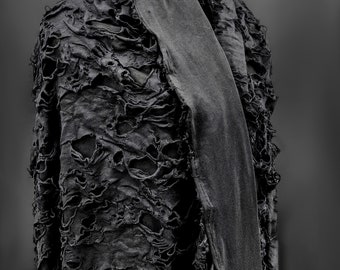 Black Stretch Knit Fabric- Tattered Knit Fabric- Distressed Fabric- Designer Fabric- Texture Composite Elastic Fabric- By the meter- D604-2