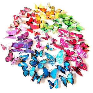 May include: A collection of colorful 3D butterfly wall decals. The butterflies are made of plastic and have a shiny finish. They come in a variety of colors, including blue, green, pink, purple, and yellow.