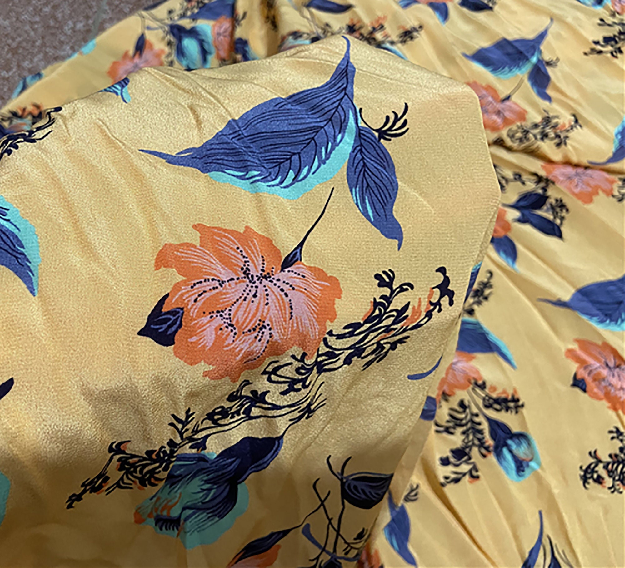 Yellow Silk Crepe De Chine Fabric Orange Flower Pattern Pure Etsy UK