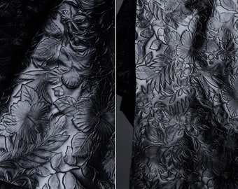 Designer Leather Carved Embossed Leather Floral Black Leather Fabric PU Faux Leather Vinyl Fabric Apparel Craft Fabric By The Yard D612