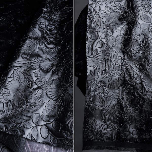 Designer Leather Carved Embossed Leather Floral Black Leather Fabric PU Faux Leather Vinyl Fabric Apparel Craft Fabric By The Yard D612