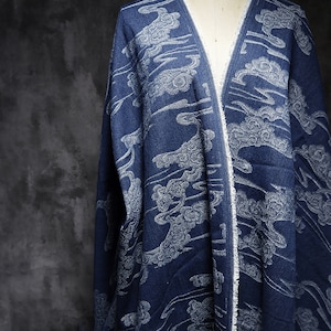 Blue denim fabric, Chinese style cloud patterns fabric, Cowboy fabric, Thick cotton fabric, Jacquard jacket fabric, by the yard, D59
