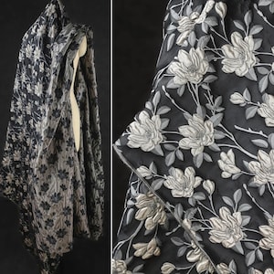 Black Magnolia Jacquard Fabric, Beautiful Floral Fabric, Embossed  Textured Fabric, Home Decoration Fabric, Dress Fabric, by the meter, D577