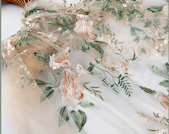 Tela de tul de peonía de tul, Tela de encaje bordado, Tela de flores verdes, Material complementario de muñecas, Tela de cortinas diy, cortada a medida, C13