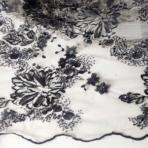 Black embroidered lace fabric, Perspective tulle fabric, Flower leaf lace fabric, Beaded Sequin fabric, Dress fabric, by the yard, C34