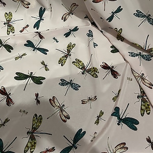 Silk Crepe de Chine fabric, Pale pink pure mulberry silk fabric, Colour dragonfly pattern shirt fabric, Scarves real silk fabrics, B54