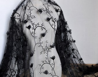 Broderat tyg med blomkvistar, svart spetstyg, krypterat nättyg, 3D-chiffong med applikationer av blommor, klänningstyg, metervara, C144