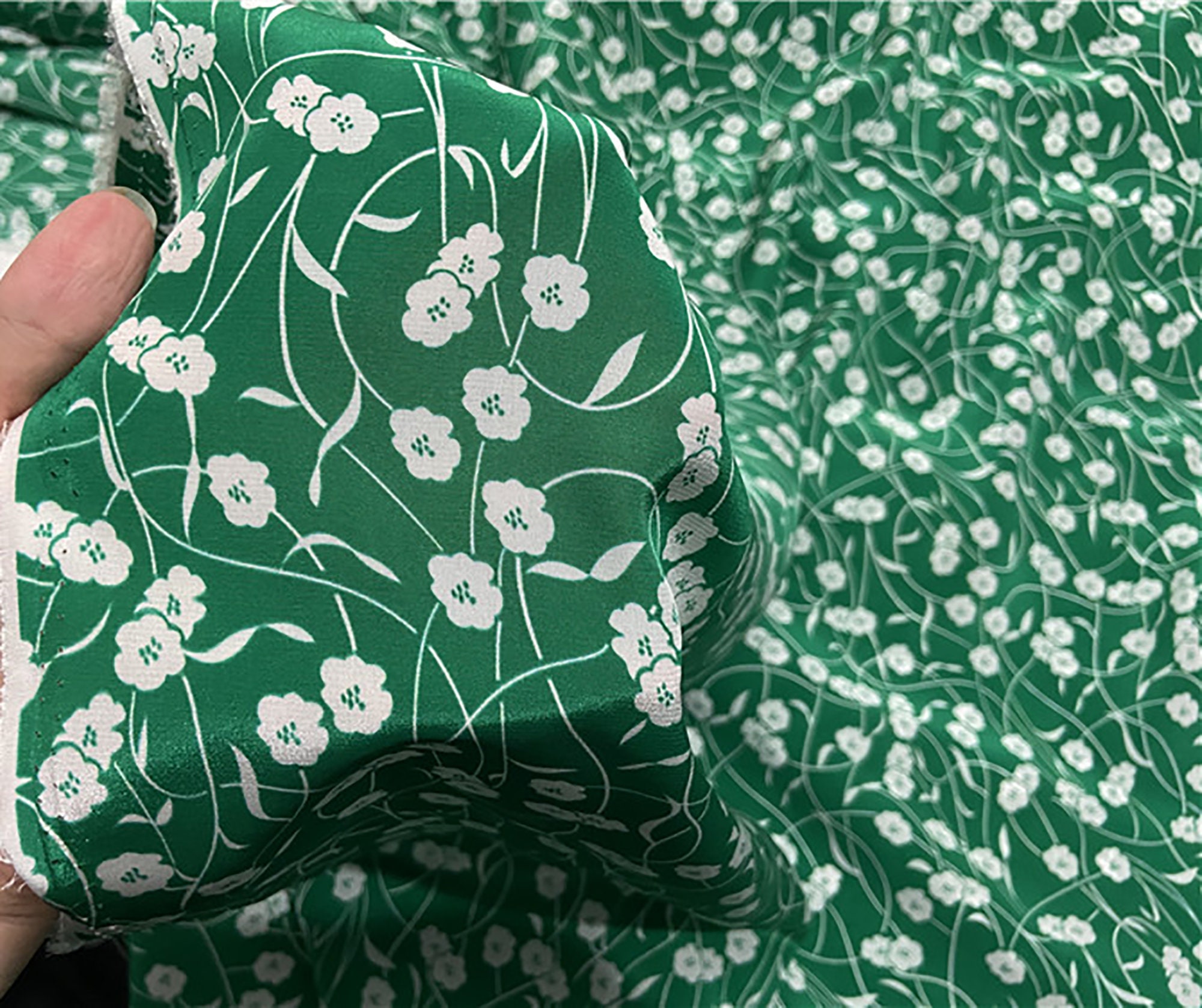 White Floral Patterngreen Silk Crepe De Chine Fabricpure | Etsy