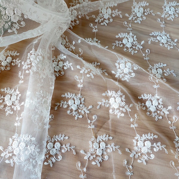 White small flower embroidered fabric, Veil lace fabric, Mesh fabric, Tablecloth curtain tulle fabric, Wedding dress fabric, by  meter, C88