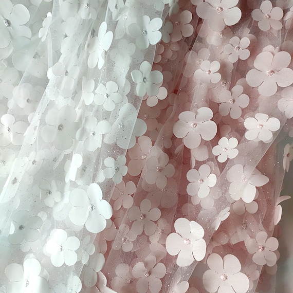 flower♡ Embroidered Lace Fabric, 3D Flower Tulle Fabric, White
