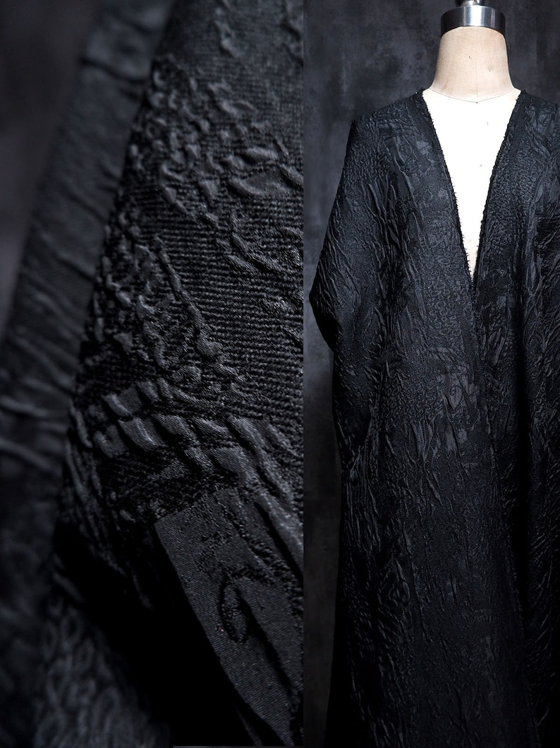 Black jacquard fabric, 3D reef relief fabric, Irregular Pattern Fabric, Dark textured fabric, Premium blend thick fabric, by the meter, D148 image 1