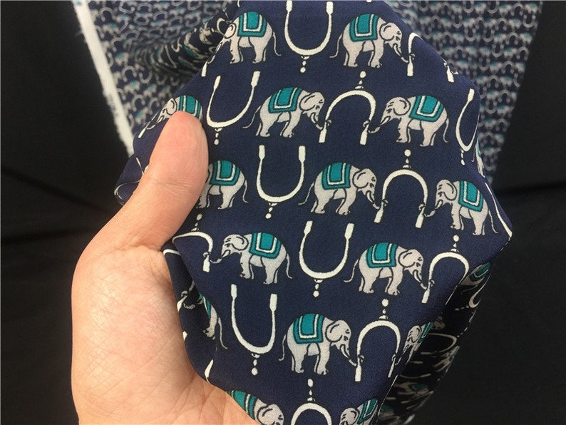 Elephant animal design, Dark blue pure mulberry silk fabric, Silk Crepe de Chine fabric, Japan's real silk scarves, by the yard/meter, B131 image 2