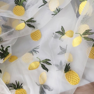 Pineapple lemon embroidered fabric, Perspective tulle fabric, Fruit mesh fabrics, Lovely dress lace fabric, Curtain fabric, by the yard, C29