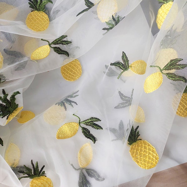 Pineapple lemon embroidered fabric, Perspective tulle fabric, Fruit mesh fabrics, Lovely dress lace fabric, Curtain fabric, by the yard, C29
