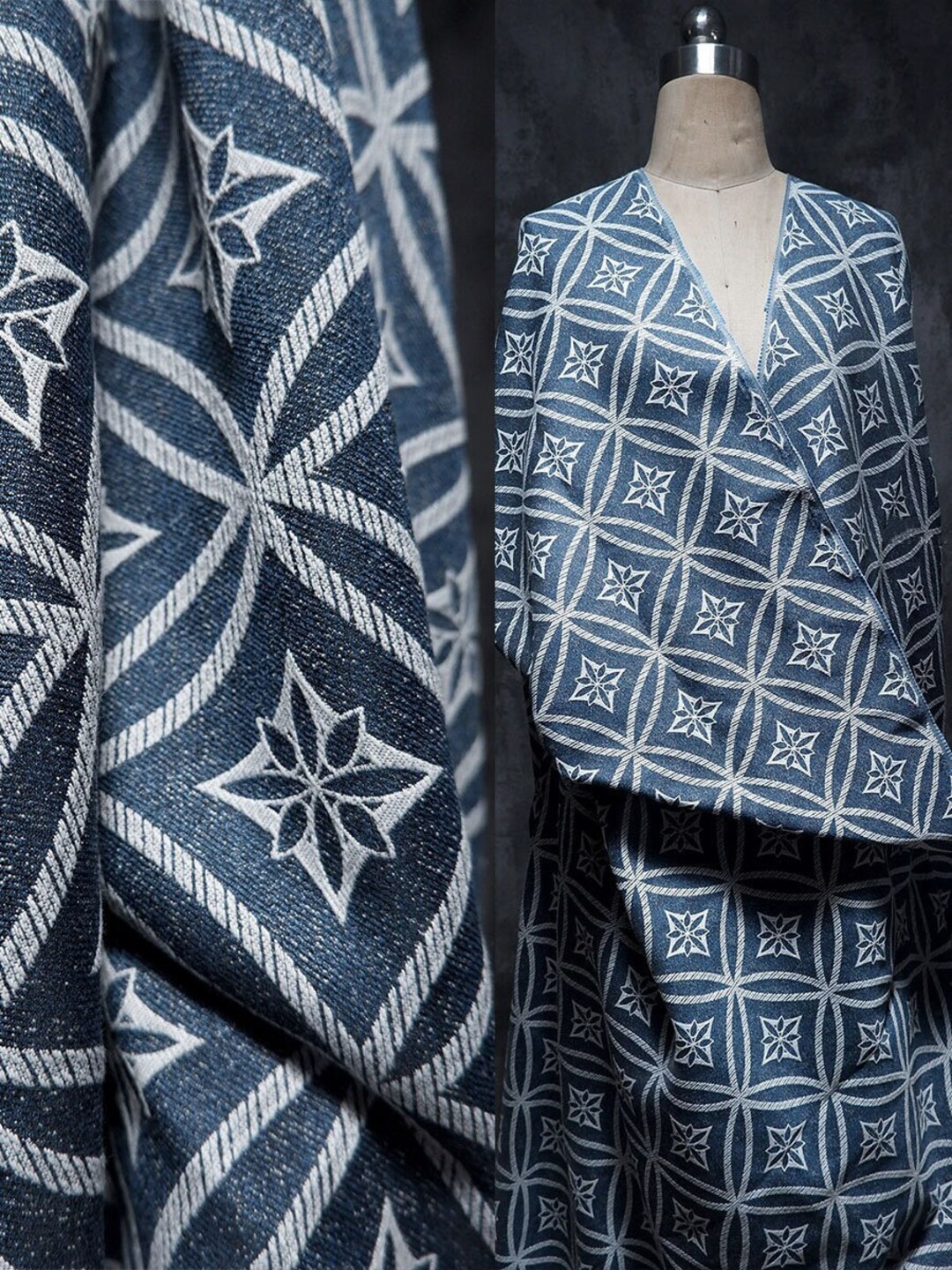 Blue Geometric Pattern Fabric, Cotton Fabric Black Texture Fabric