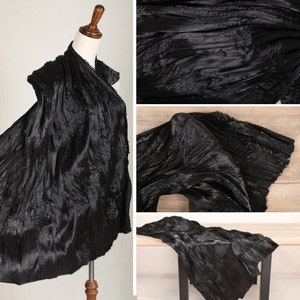Tissu froissé, Tissu imitation soie noir, Tissu plissé double torsion, tissu robe de soirée haut de gamme, tissu créateur, au mètre-D533