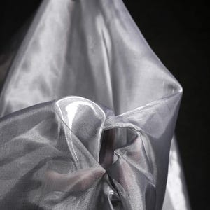 Może przedstawiać: Zbliżenie na przezroczystą, srebrzystą tkaninę o świetlistej jakości. Tkanina jest udrapowana i złożona, tworząc miękkie cienie i refleksy na ciemnym tle. Materiał wydaje się lekki i płynny.