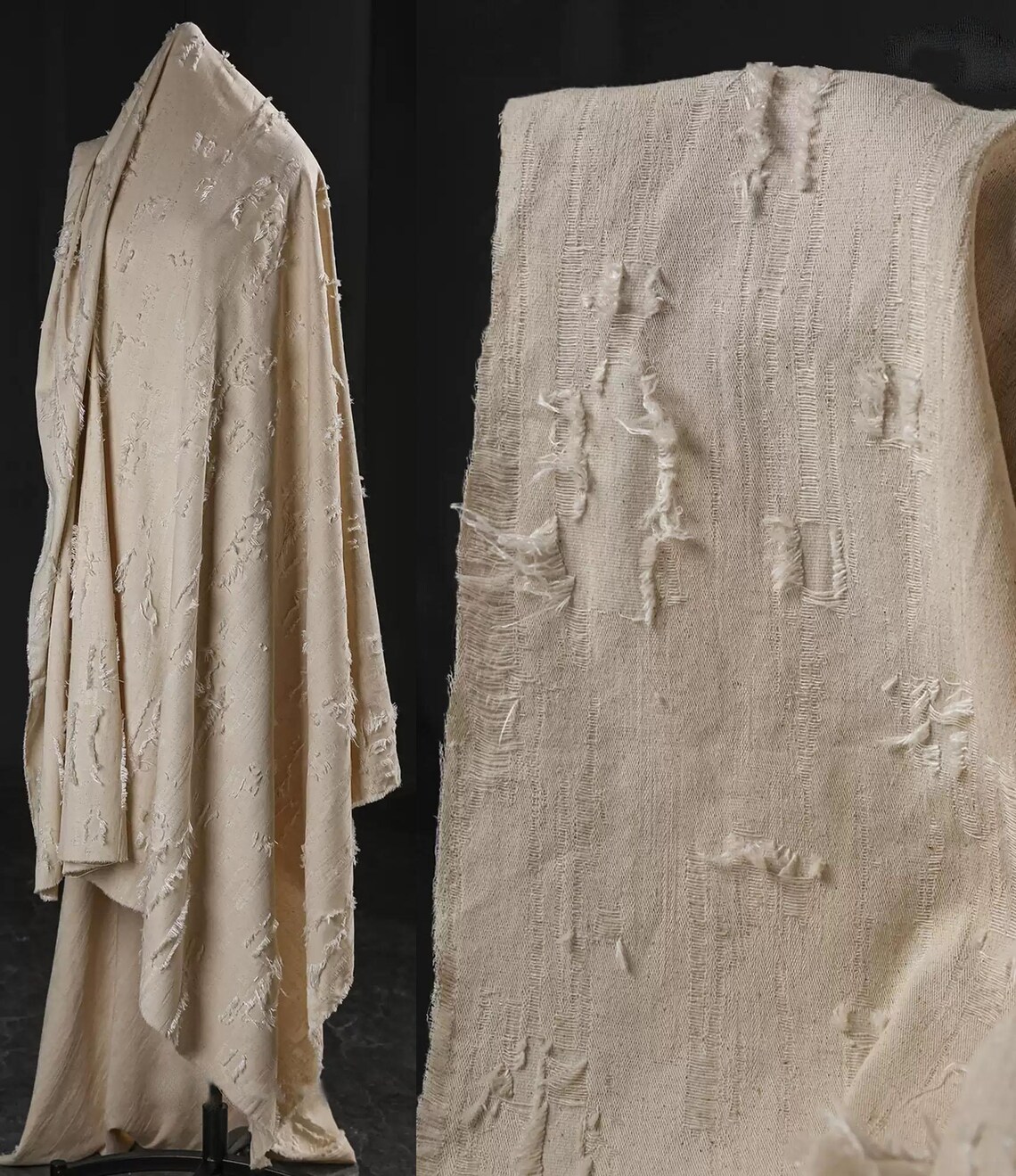 Hemp Colored Ragged Fabric, Frayed Edges Textured Fabric, Cotton and ...