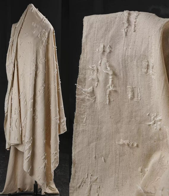 Hemp Colored Ragged Fabric, Frayed Edges Textured fabric, Cotton And Linen fabric, Designer Fabric, Apparel Fabric, By The Meter, D323