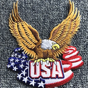 Könnte beinhalten: Gestickter Aufnäher mit einem goldenen Adler mit ausgebreiteten Flügeln, der auf einer rot-weiß-blauen amerikanischen Flagge mit dem Wort "USA" in fetten Buchstaben sitzt.