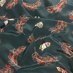 Dark green mulberry silk fabric, Butterfly Silk Crepe de Chine fabric, Red leaves design Evening dress fabric, Bridal gowns fabric, B05