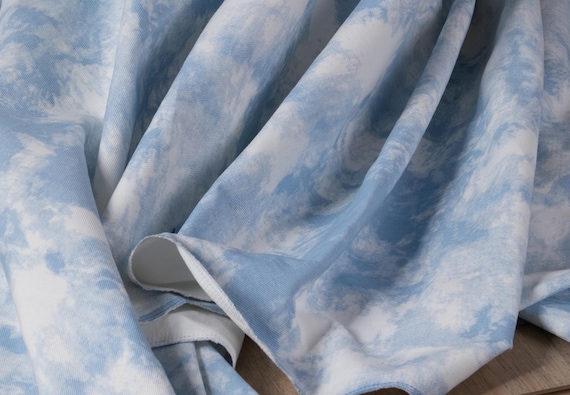 Sky blue denim fabric, Tie-dye fabric, Ink painting style fabric, Blue sky and white cloud pattern, Special textured fabric, by meter, D510